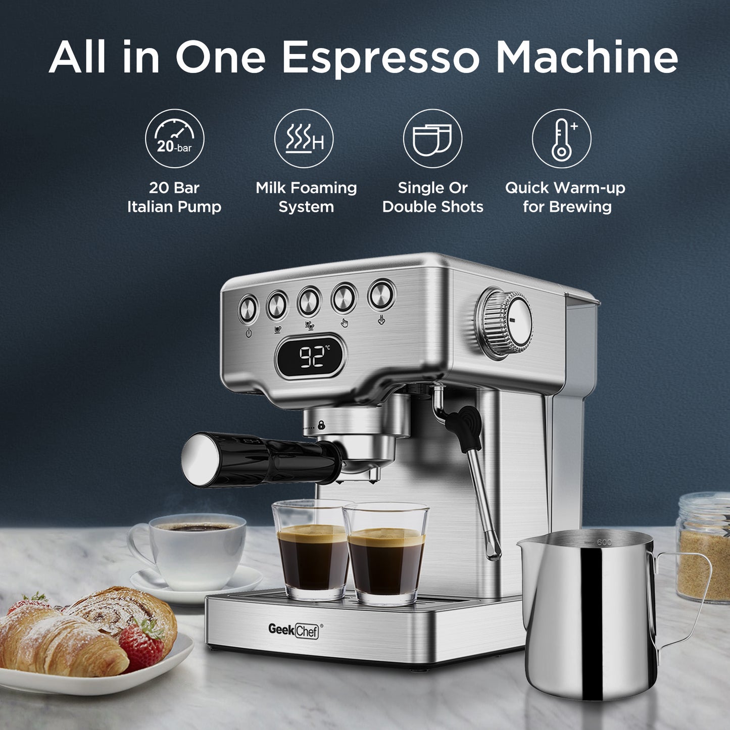 Espresso Machine, 20 Bar Espresso Machine With Milk Frothier For Latte, Cappuccino, Macchiato, For Home Espresso Maker, 1.8L Water Tank, Stainless Steel.