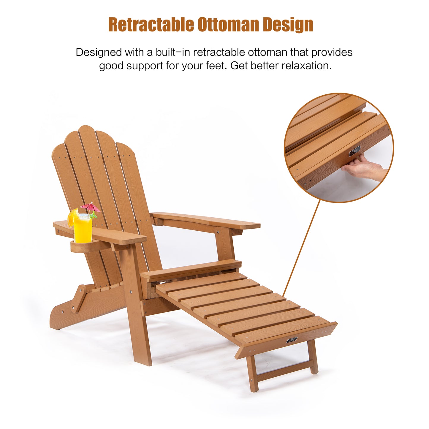TALE Folding Adirondack Chair with Pullout Ottoman with Cup Holder, Oversized, Poly Lumber, For Patio Deck Garden, Backyard Furniture