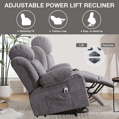 Power Lift Recliner Chair with Heat and Massage Electric Fabric Recliner Chair for Elderly with Side Pocket, USB Charge Port, Remote Control for Living Room (Grey)
