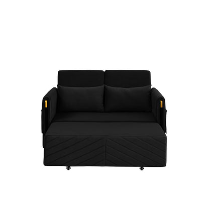 MH 54" Modern Convertible Sofa Bed with 2 Detachable Arm Pockets, Velvet Loveseat Sofa with Pull Out Bed, 2 Pillows and Living Room Adjustable Backrest, Grid Design Armrests, Black