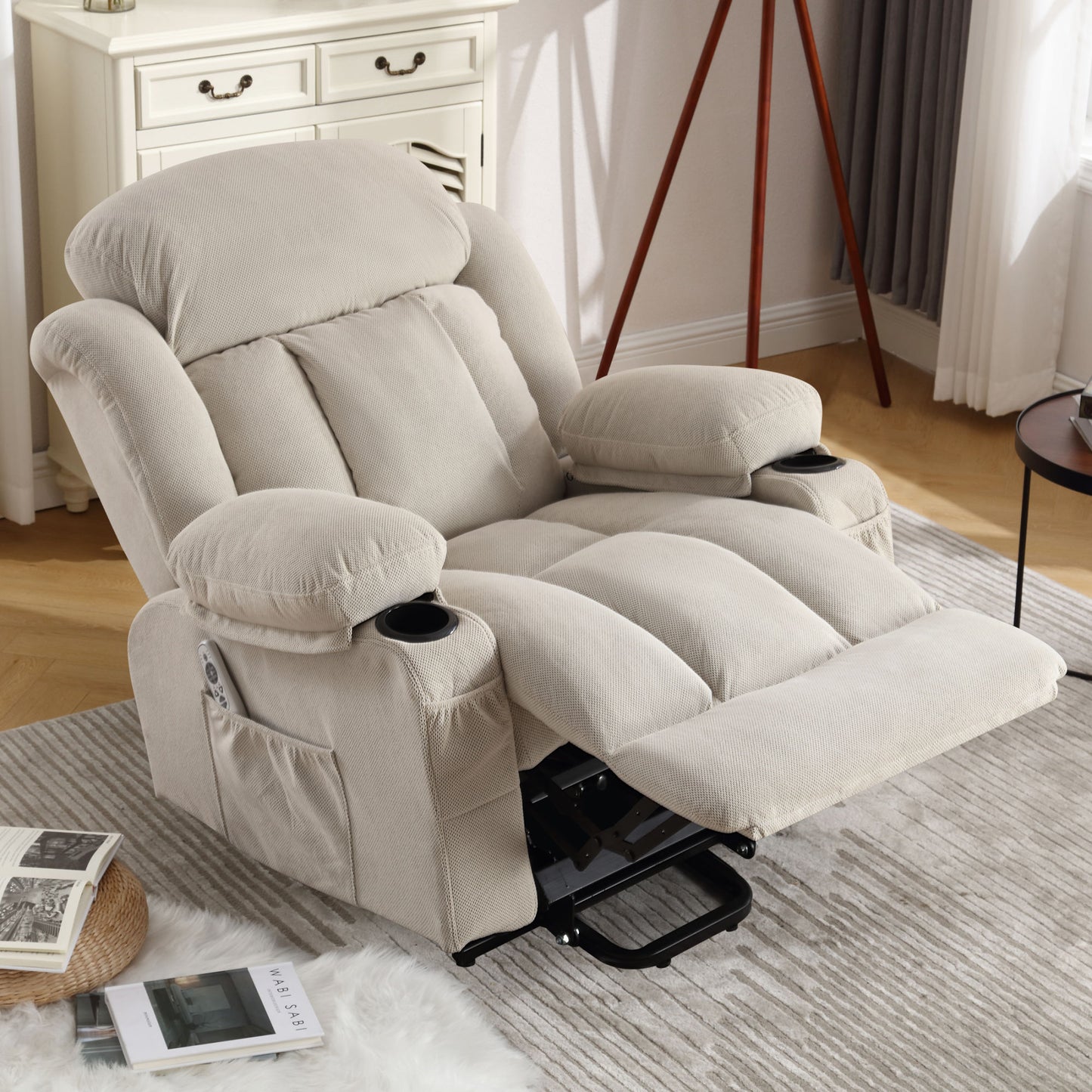 Power Lift Recliner Chair with Heat and Massage Electric Fabric Recliner Chair for Elderly with Side Pocket, USB Charge Port, Remote Control for Living Room (BEIGE)
