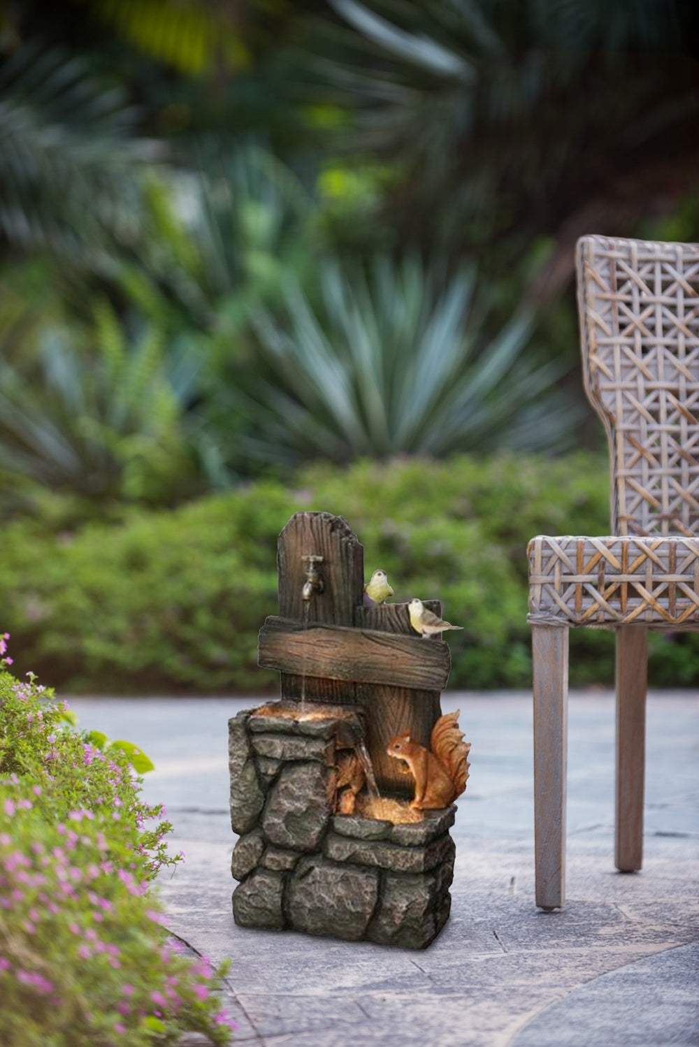 15x14.1x26.4" Decorative Two-Tiered Water Fountain with Woodland Animal Design, Outdoor Fountain with Light and Pump