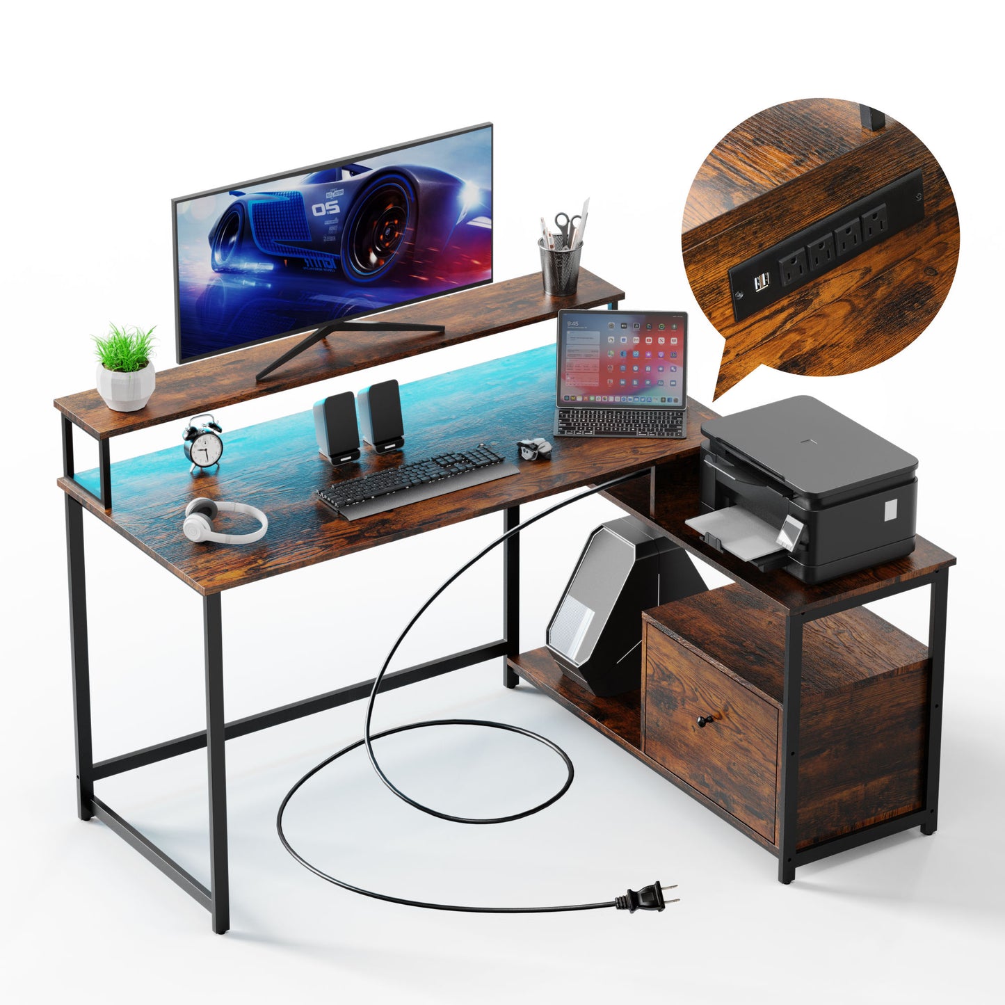 Home Office Computer Desk with File Drawer, LED Strip, Power Outlet, L-Shaped Gaming Desk with Monitor Shelf and Printer Storage Shelf