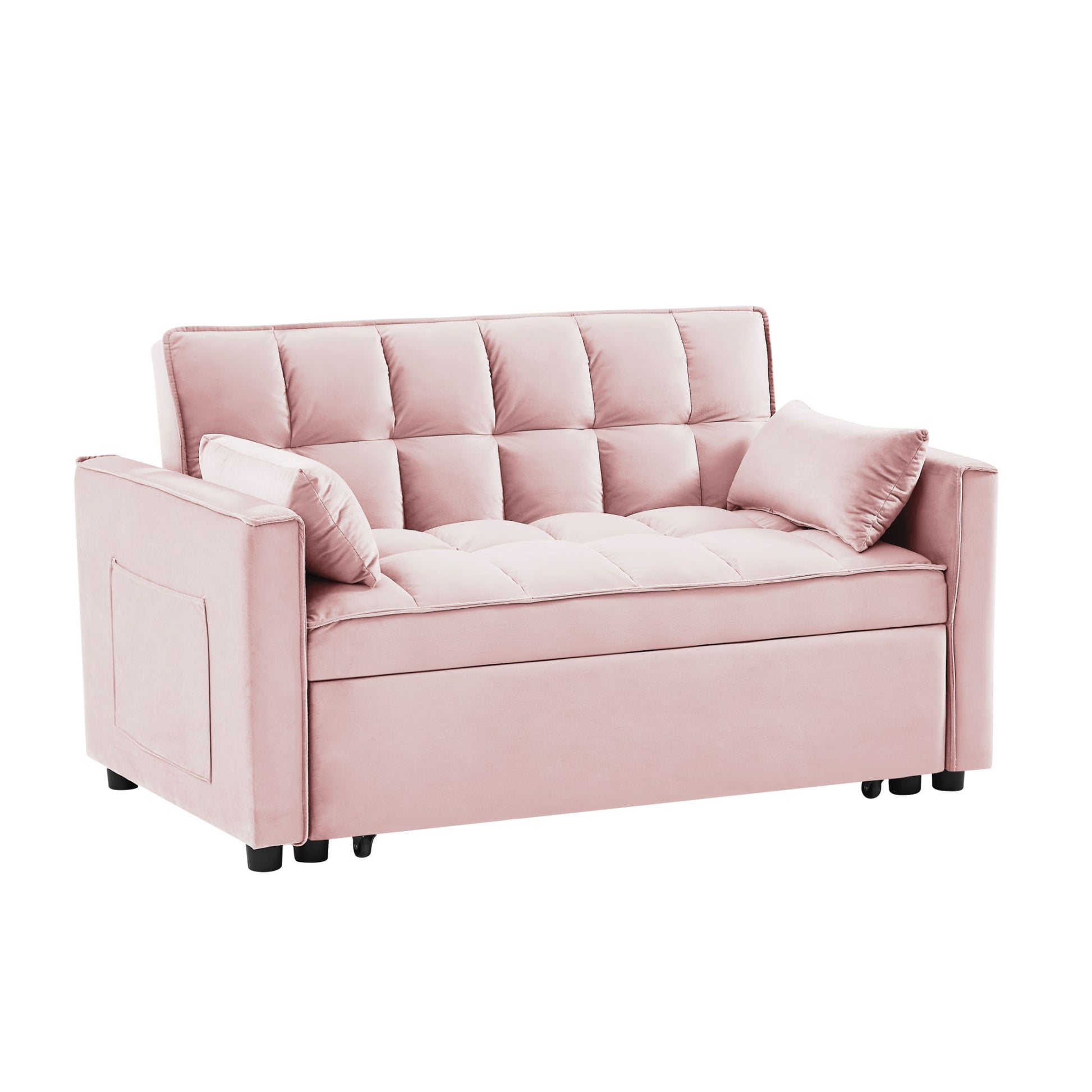 "Modern pink velvet loveseat futon sofa couch with pullout bed, reclining backrest, toss pillows, and side pockets, ideal for living rooms as a 3-in-1 convertible sleeper sofa bed."