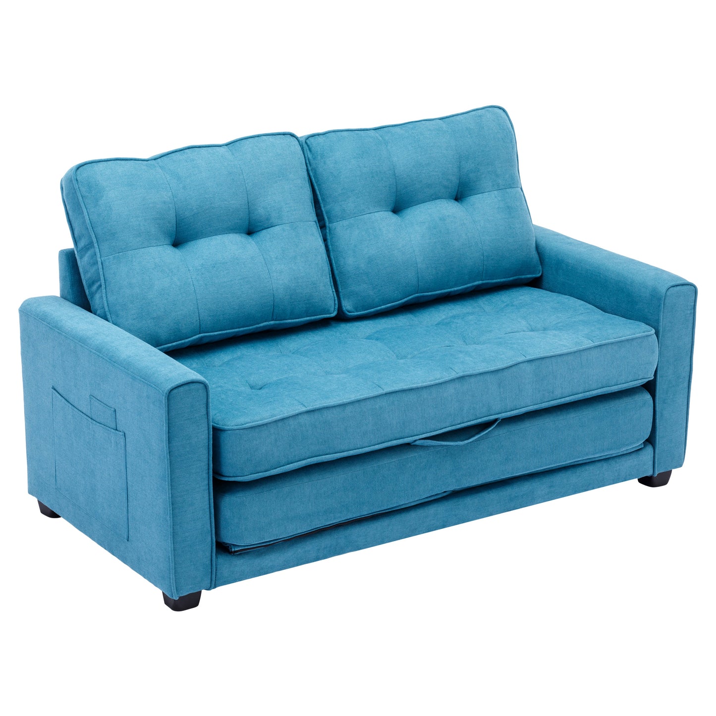 59.4" Loveseat Sofa with Pull-Out Bed Modern Upholstered Couch with Side Pocket for Living Room Office, Blue