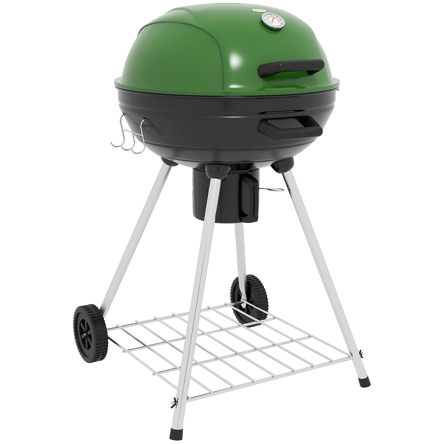 Outsunny 21" Kettle Charcoal BBQ Grill Trolley with 360 sq.in. Cooking Area, Outdoor Barbecue with Shelf, Wheels, Ash Catcher and Built-in Thermometer for Patio, Backyard Party, Green