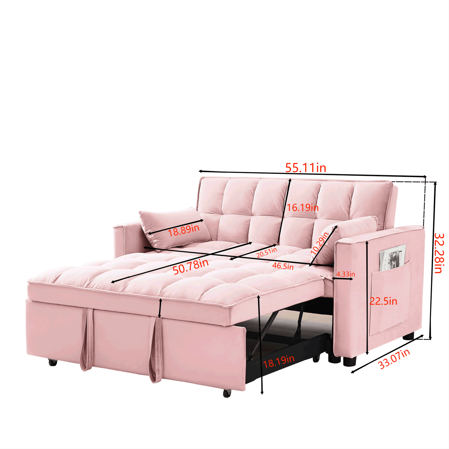 Modern Velvet Loveseat Futon Sofa Couch w/Pullout Bed,Small Love Seat Lounge Sofa w/Reclining Backrest,Toss Pillows, Pockets,Furniture for Living Room,3 in 1 Convertible Sleeper Sofa Bed, pink