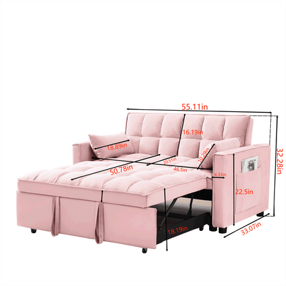 Modern Velvet Loveseat Futon Sofa Couch w/Pullout Bed,Small Love Seat Lounge Sofa w/Reclining Backrest,Toss Pillows, Pockets,Furniture for Living Room,3 in 1 Convertible Sleeper Sofa Bed, pink