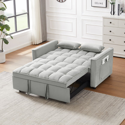 "Modern grey velvet loveseat futon sofa couch with pullout bed, reclining backrest, toss pillows, and side pockets, ideal for living rooms as a 3-in-1 convertible sleeper sofa bed."