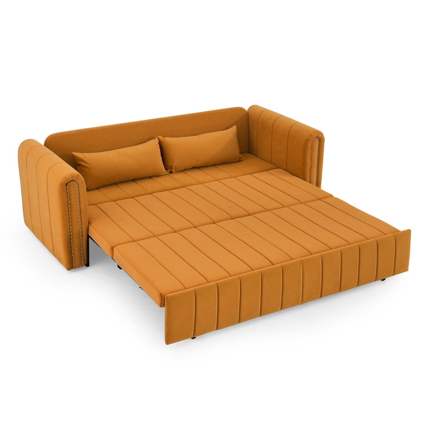 3 in 1 Pull-Out Bed Sleeper, Modern Upholstered 3 Seats Lounge Sofa & Couches with Rolled Arms Decorated with Copper Nails , Convertible Futon 3 Seats Sofabed with Two Drawers and Two Pillows