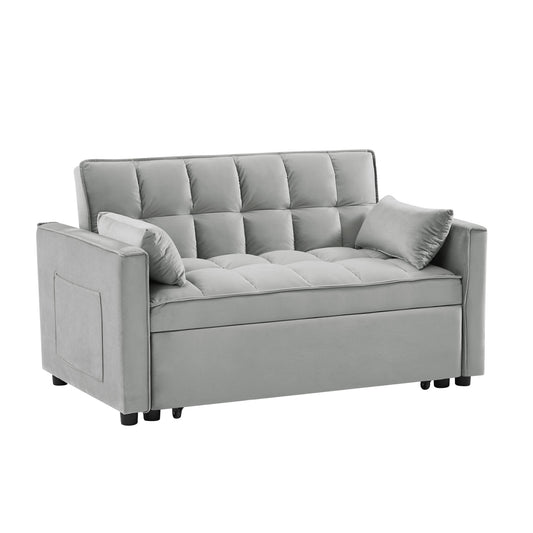 "Modern grey velvet loveseat futon sofa couch with pullout bed, reclining backrest, toss pillows, and side pockets, ideal for living rooms as a 3-in-1 convertible sleeper sofa bed."