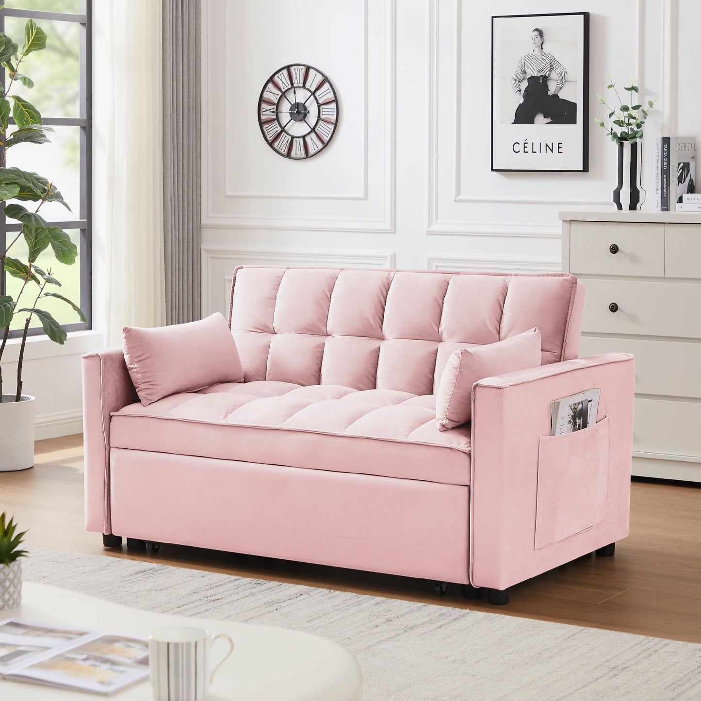 "Modern pink velvet loveseat futon sofa couch with pullout bed, reclining backrest, toss pillows, and side pockets, ideal for living rooms as a 3-in-1 convertible sleeper sofa bed."