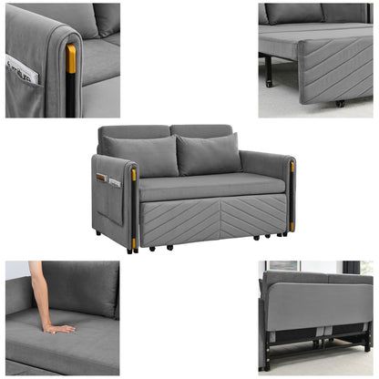 MH 54" Modern Convertible Sofa Bed with 2 Detachable Arm Pockets, Velvet Loveseat Multi-position adjustable Sofa with Pull Out Bed with Bedhead, 2 Pillows and Living Room, Grey