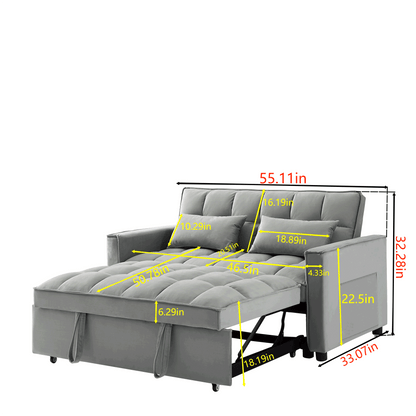 Modern Velvet Loveseat Futon Sofa Couch w/Pullout Bed,Small Love Seat Lounge Sofa w/Reclining Backrest,Toss Pillows, Pockets,Furniture for Living Room,3 in 1 Convertible Sleeper Sofa Bed, grey