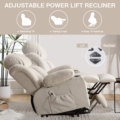 Power Lift Recliner Chair with Heat and Massage Electric Fabric Recliner Chair for Elderly with Side Pocket, USB Charge Port, Remote Control for Living Room (BEIGE)