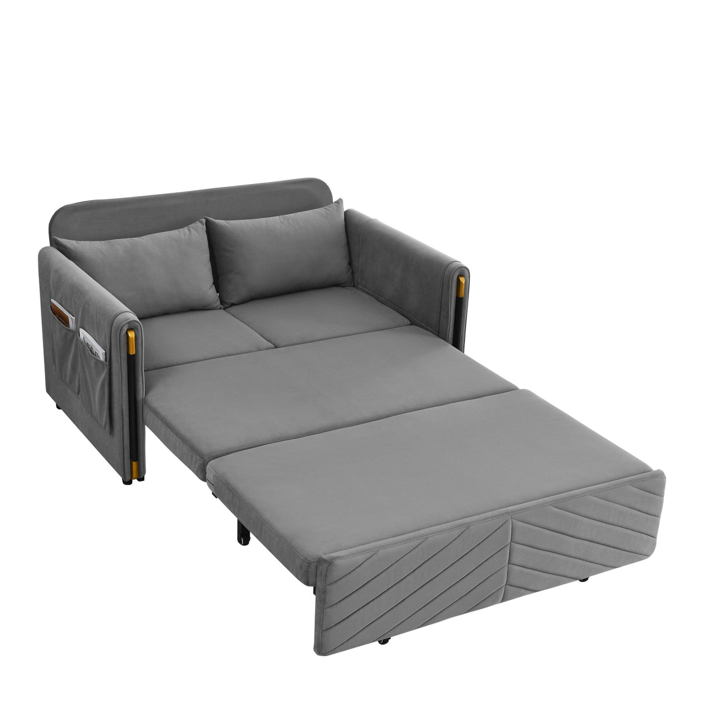 MH 54" Modern Convertible Sofa Bed with 2 Detachable Arm Pockets, Velvet Loveseat Multi-position adjustable Sofa with Pull Out Bed with Bedhead, 2 Pillows and Living Room, Grey