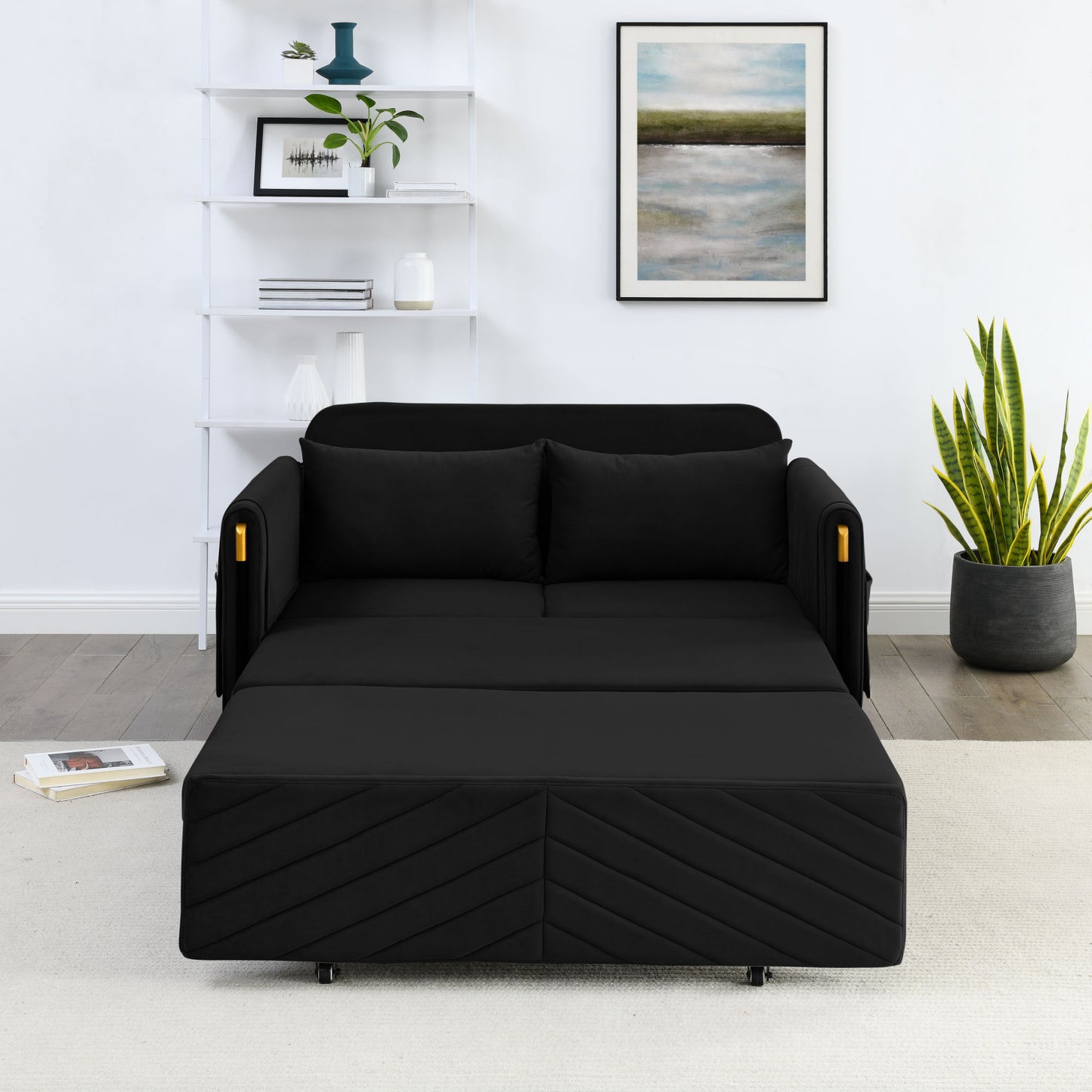 MH 54" Modern Convertible Sofa Bed with 2 Detachable Arm Pockets, Velvet Loveseat Sofa with Pull Out Bed, 2 Pillows and Living Room Adjustable Backrest, Grid Design Armrests, Black