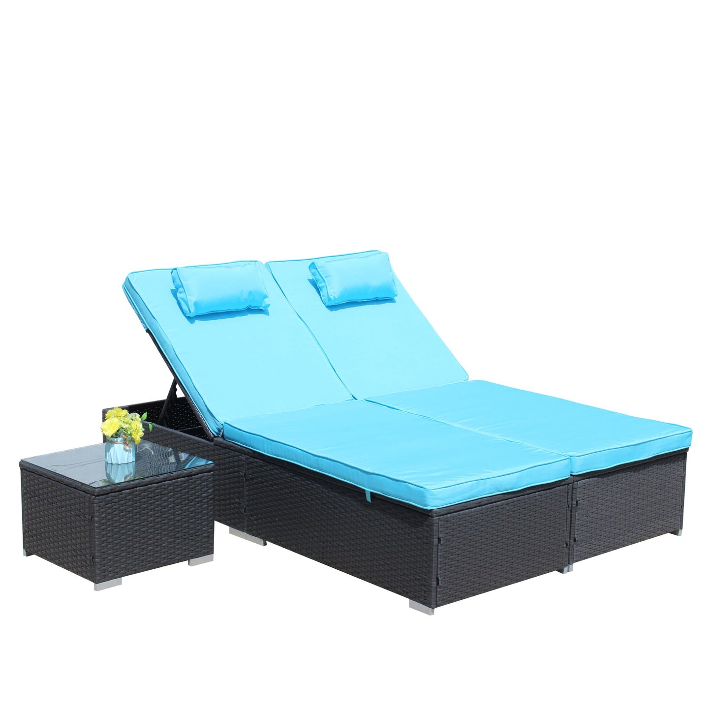 3-Piece Outdoor Patio Furniture Set Chaise Lounge, Patio Reclining Rattan Lounge Chair Chaise Couch Cushioned with Glass Coffee Table, Adjustable Back and Feet, Lounger Chair for Pool Garden, Blue
