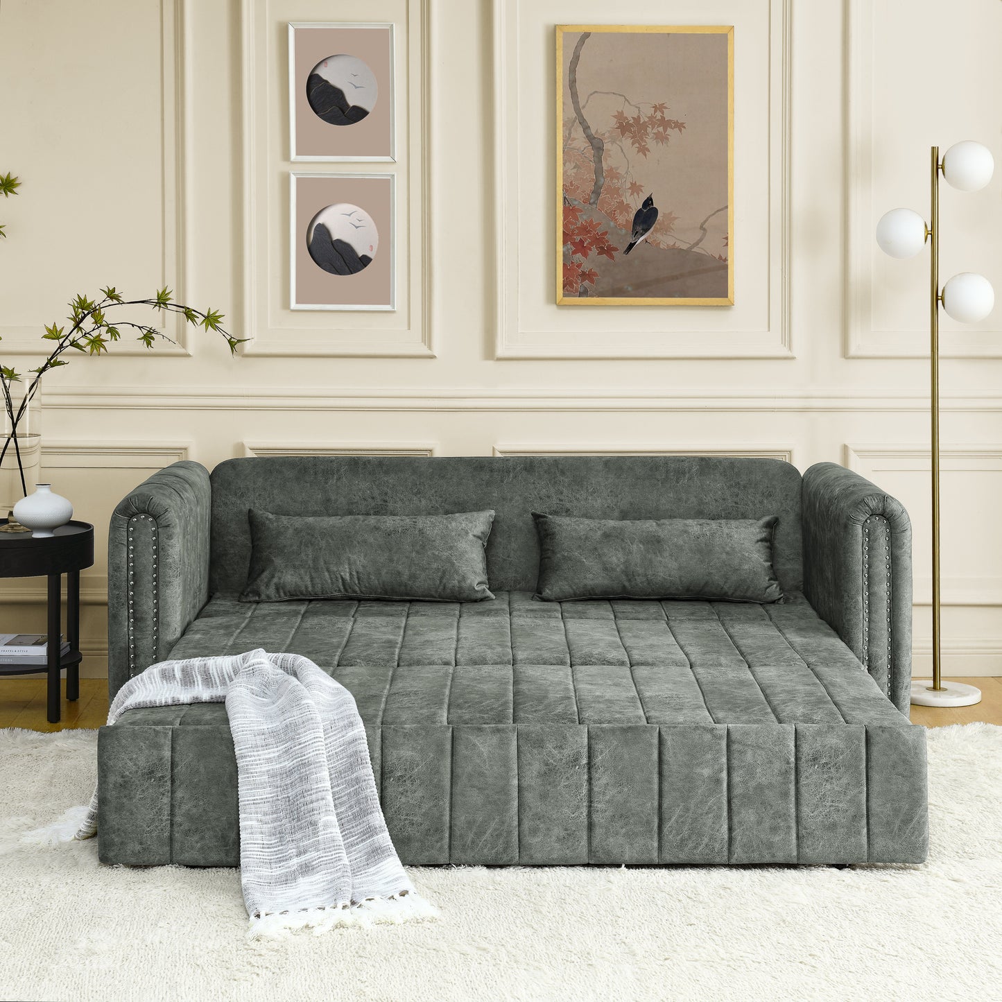 3 in 1 Pull-Out Bed Sleeper, Modern Upholstered 3 Seats Lounge Sofa & Couches with Rolled Arms Decorated with Copper Nails , Convertible Futon 3 Seats Sofabed with Two Drawers and Two Pillows