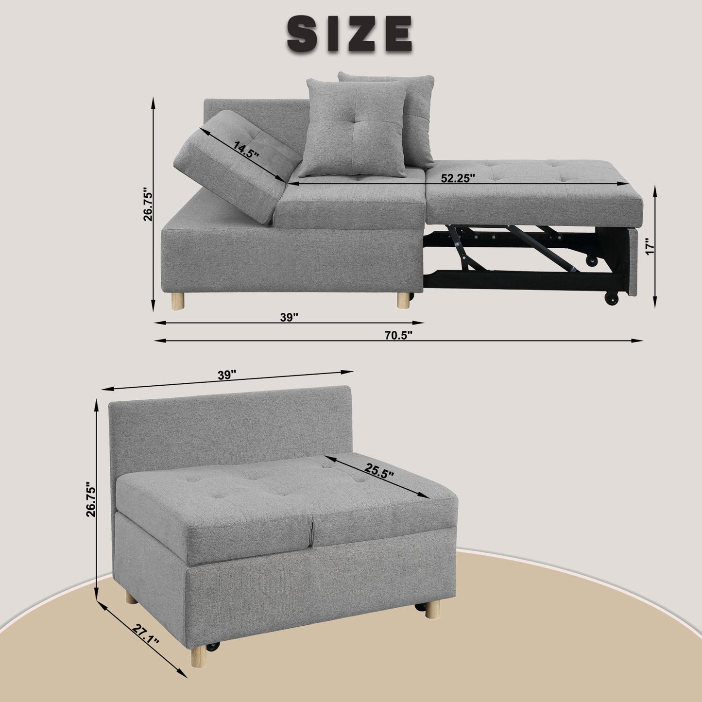 4-in-1 Convertible Sofas & Couches, Single Extendable Sofa with 6 Position Adjustable Back, Sofa Bed with 2 Pillows, Gray