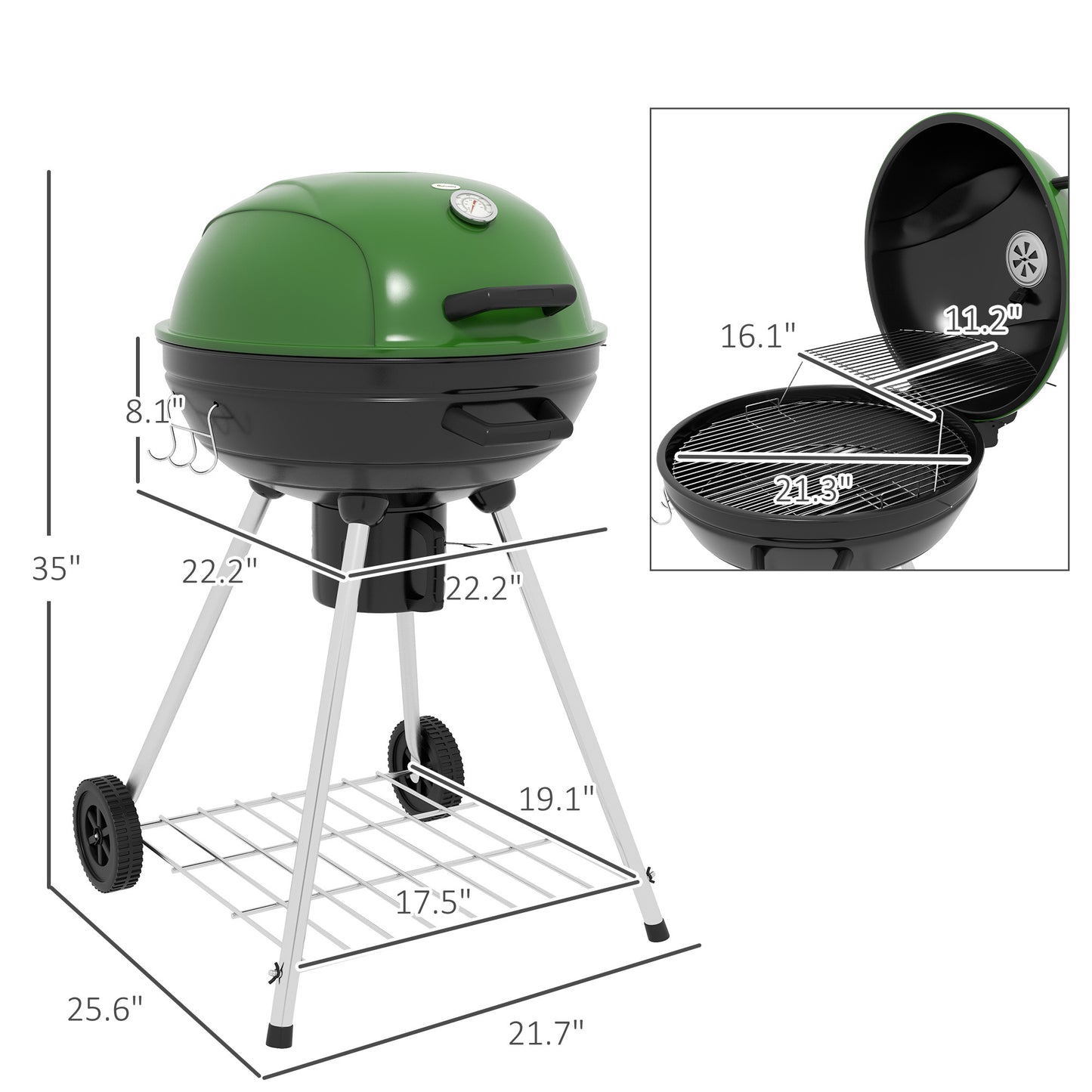 Outsunny 21" Kettle Charcoal BBQ Grill Trolley with 360 sq.in. Cooking Area, Outdoor Barbecue with Shelf, Wheels, Ash Catcher and Built-in Thermometer for Patio, Backyard Party, Green