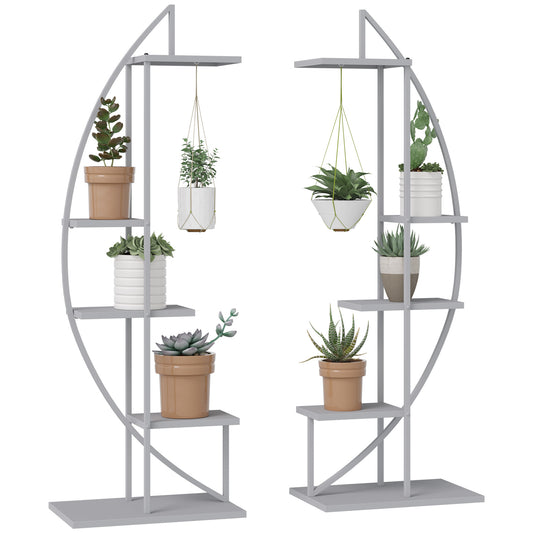 5 Tier Metal Plant Stand with Hangers, Half Moon Shape Flower Pot Display Shelf for Living Room Patio Garden Balcony Decor, Gray