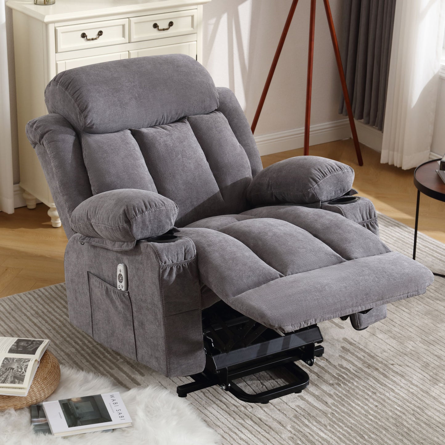 Power Lift Recliner Chair with Heat and Massage Electric Fabric Recliner Chair for Elderly with Side Pocket, USB Charge Port, Remote Control for Living Room (Grey)