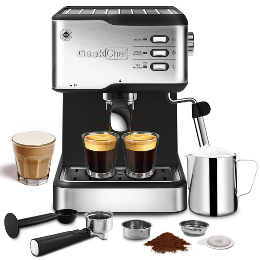 Geek Chef Espresso Machine, Espresso & Cappuccino Latte Maker 20 Bar Coffee Machine Compatible With ESE POD Capsules Filter & Milk Frother Steam Wand, 950W, 1.5L Water Tank