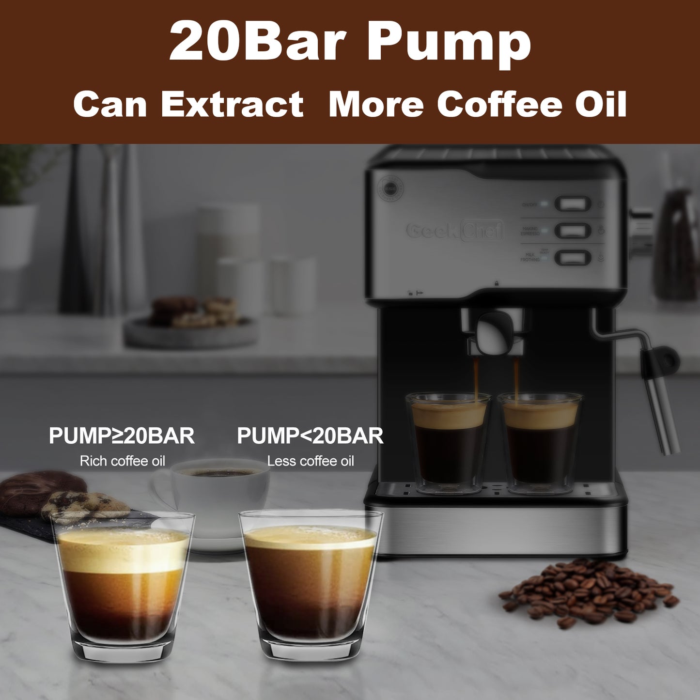 Geek Chef Espresso Machine, Espresso & Cappuccino Latte Maker 20 Bar Coffee Machine Compatible With ESE POD Capsules Filter & Milk Frother Steam Wand, 950W, 1.5L Water Tank