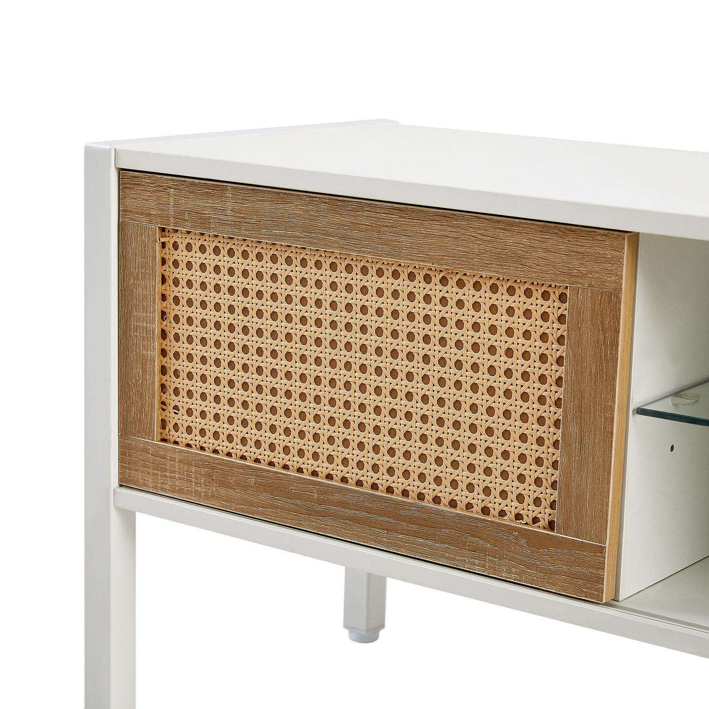 Rattan TV cabinet with variable color light strip.