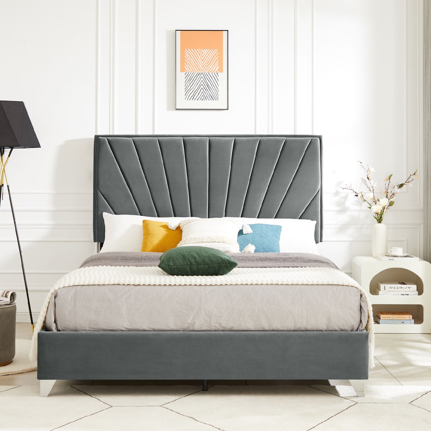 Queen bed Beautiful line stripe cushion headboard, Gray Flannelette