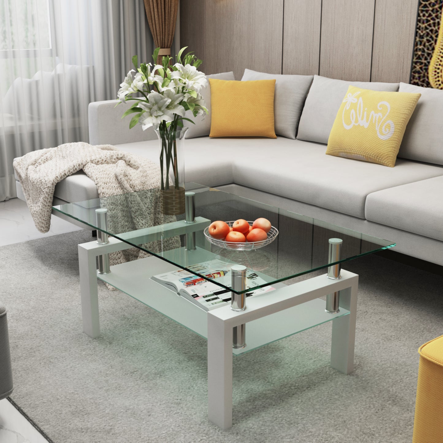 White Legs and Clear Glass Coffee Table, Modern Side Tables for Living Room.