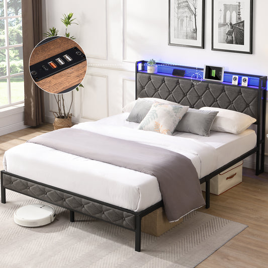Queen Bed Storage Headboard, Charging Station and LED Lights