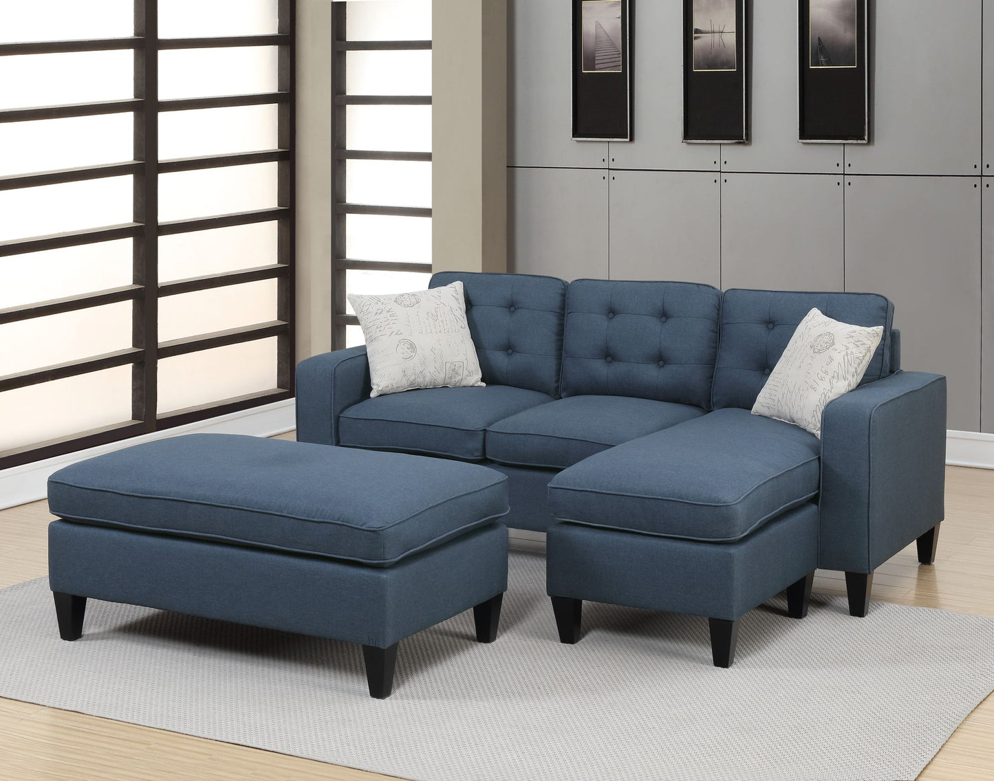 Reversible 3pc Sectional Sofa Chaise with Ottoman