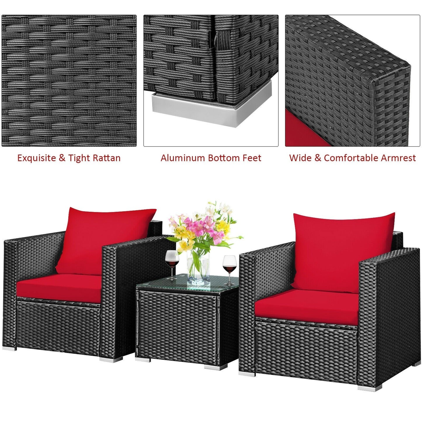 3 Pcs Patio wicker Furniture Set with Cushion