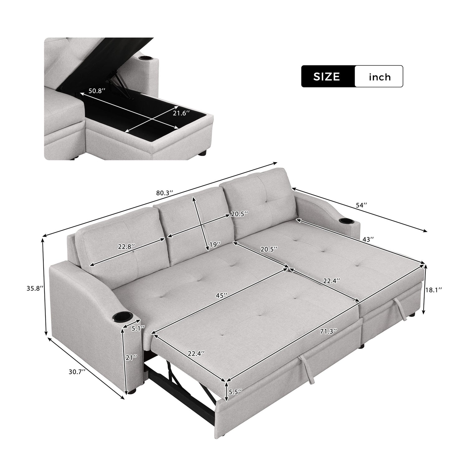 Modern Padded Sofa Bed, Linen Fabric 3-Seater Couch with Storage Chaise
