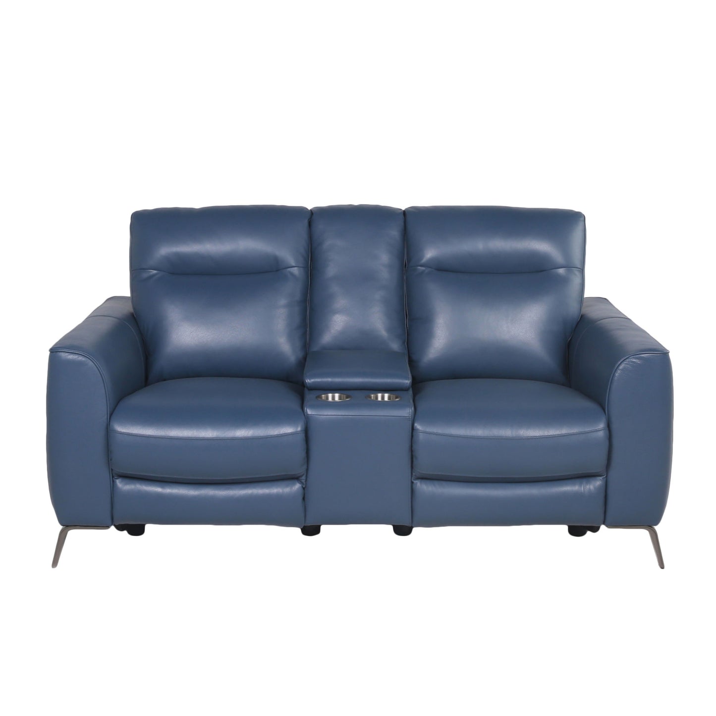 High-Leg Console Loveseat - Top-Grain Leather, Dual-Power, Ocean Blue Color - Stowaway Footrest, Flaired Chrome Leg, Motion Furniture Look