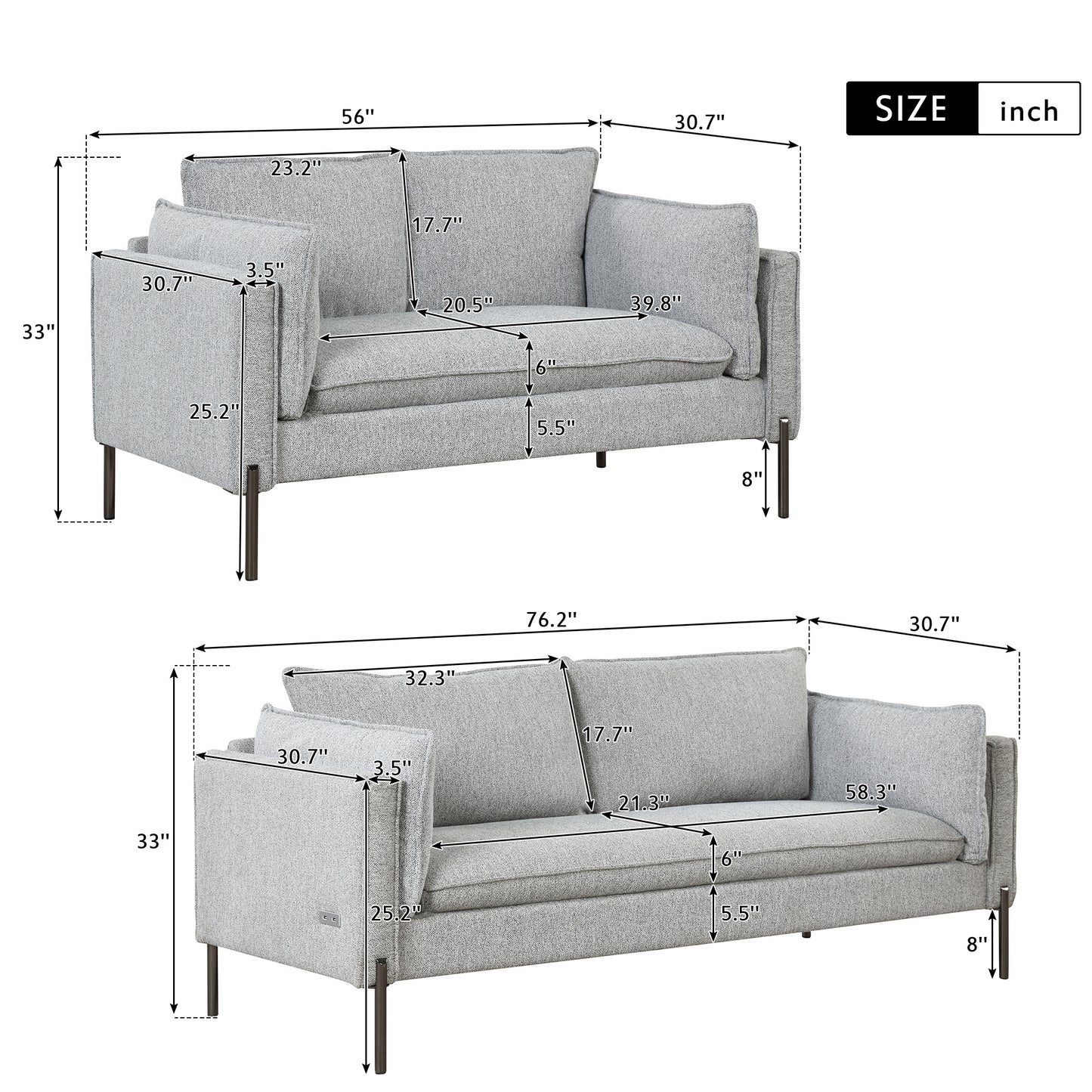 Modern Linen Fabric Upholstered 2pc set, Loveseat and 3 Seat Couch