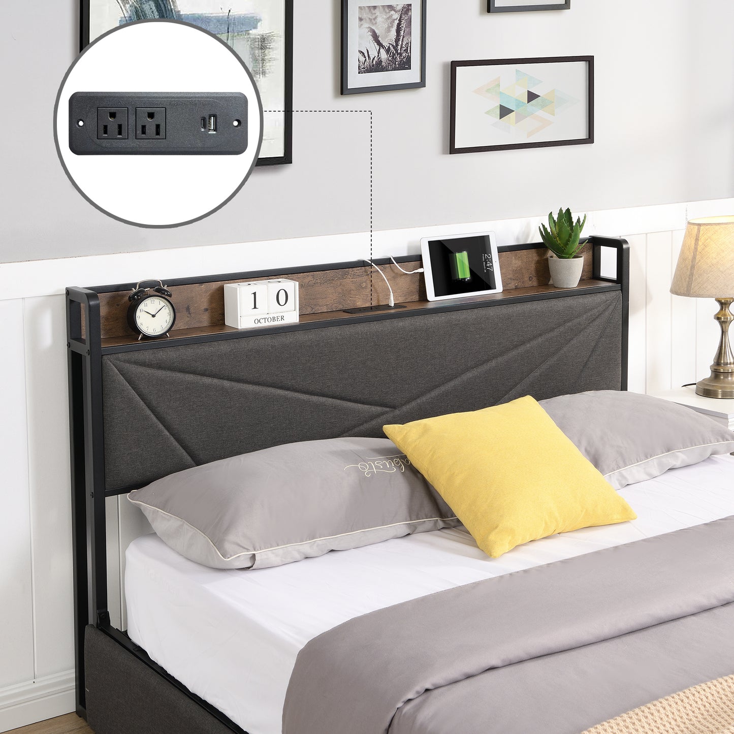 Queen, Storage Headboard with Charging Station