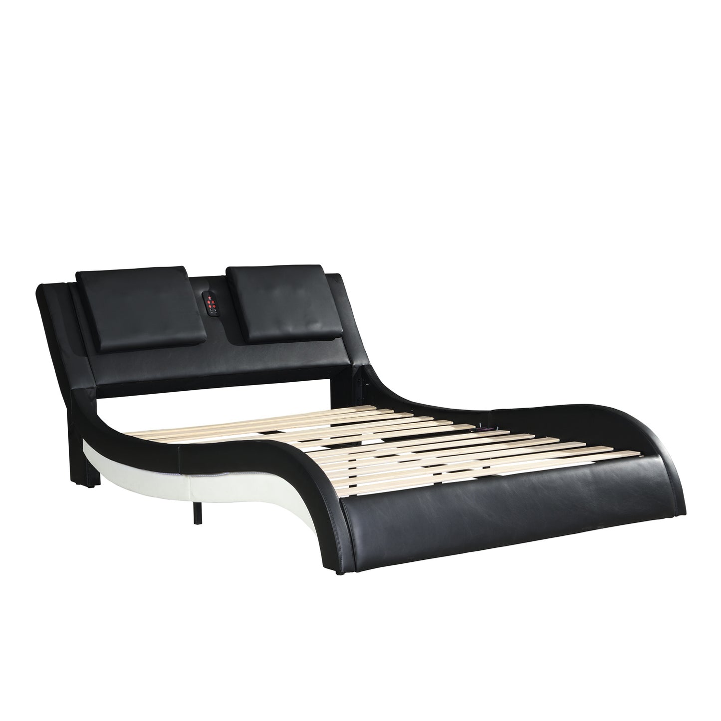 Leather Upholstered Platform Bed with LED lighting; Bluetooth connection to play music  RGB control; Backrest vibration massage