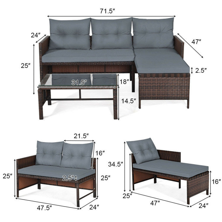 3 Pieces Outdoor Patio Corner Rattan Sofa Set