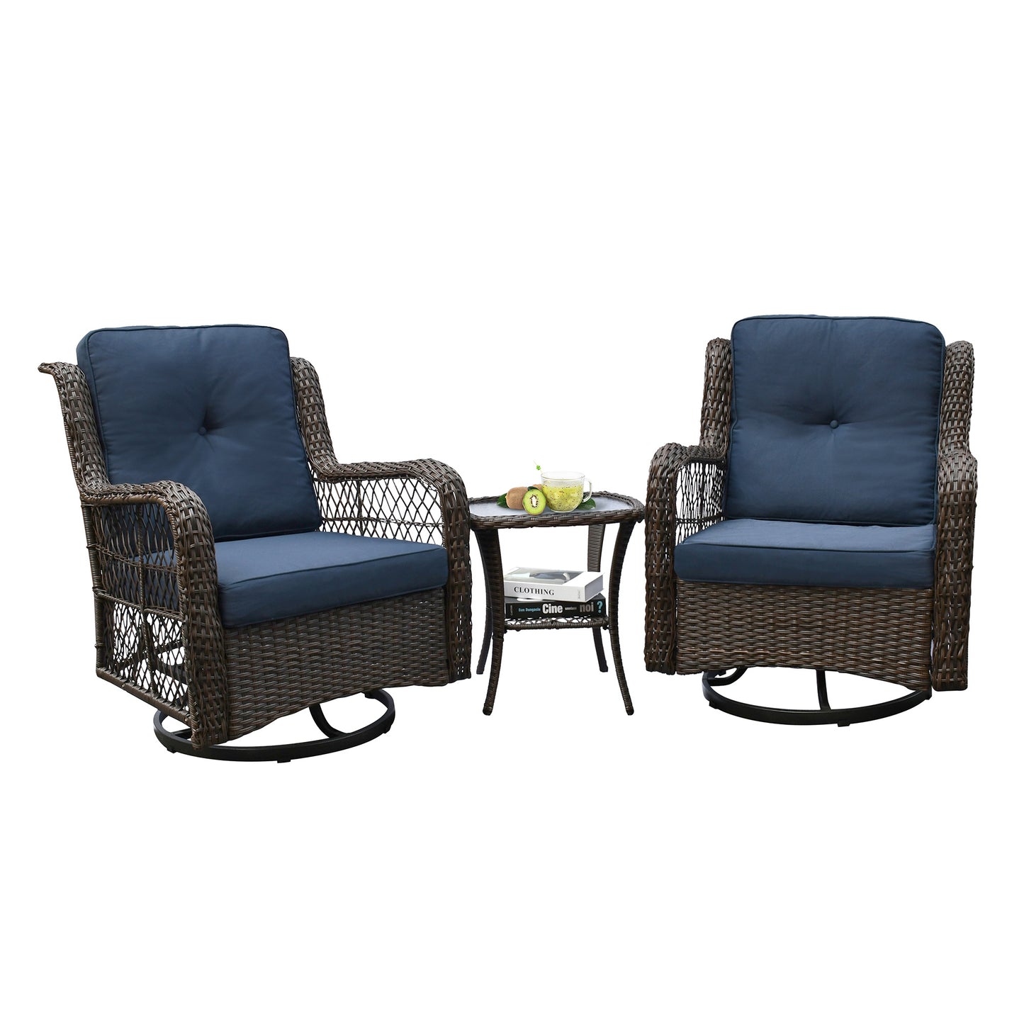 Resin Wicker Swivel Rocker Patio Chair; and Tempered Glass Top Side Coffee Table; Outdoor Rattan Conversation Sets