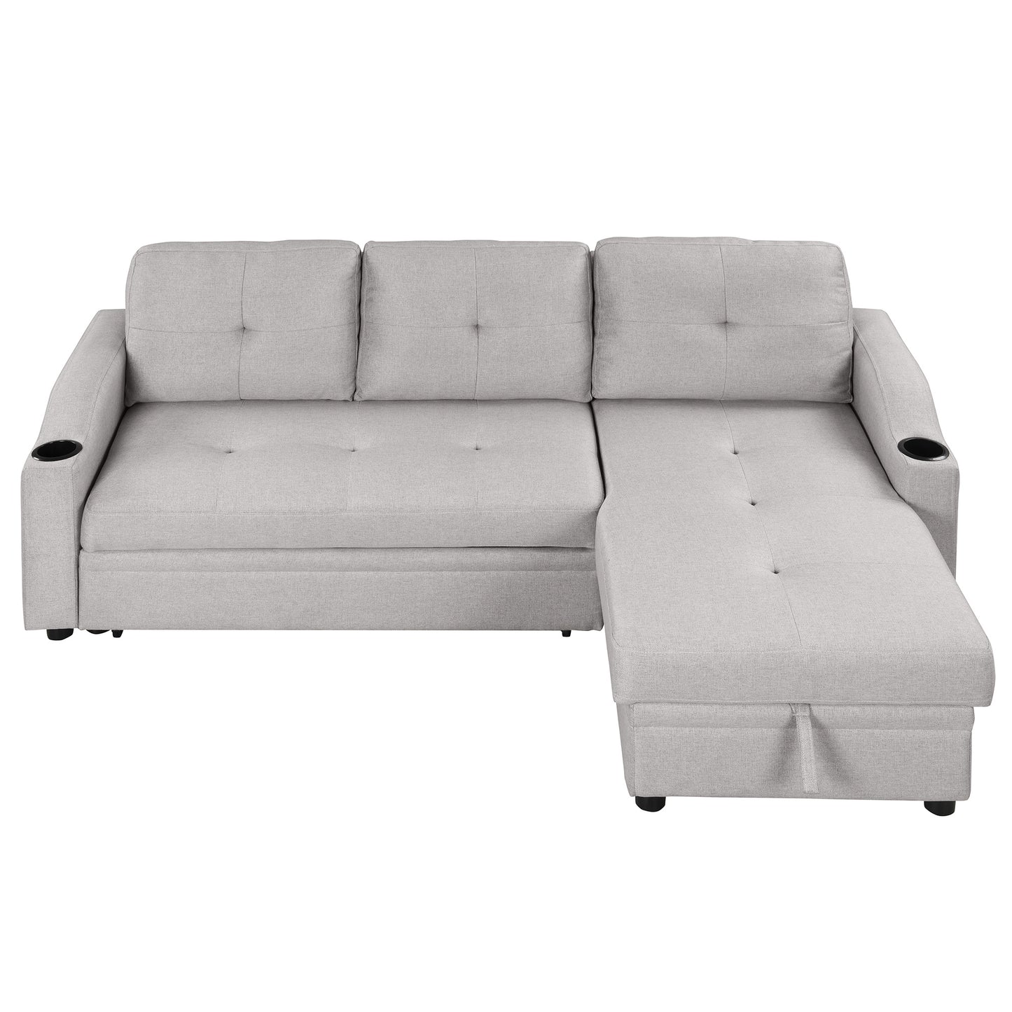 Modern Padded Sofa Bed, Linen Fabric 3-Seater Couch with Storage Chaise