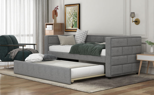Twin Size Daybed with Trundle; Upholstered Daybed with Padded Back; Gray