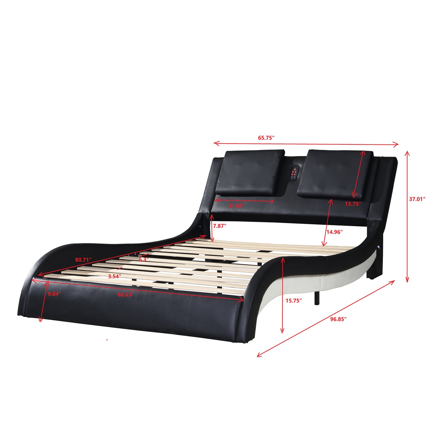 Leather Upholstered Platform Bed with LED lighting; Bluetooth connection to play music  RGB control; Backrest vibration massage