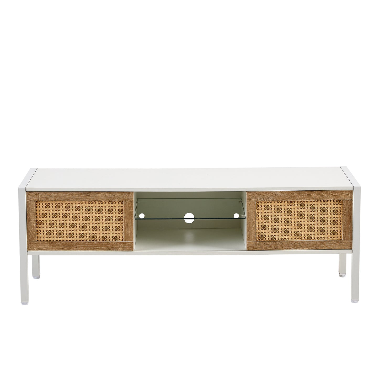 Rattan TV cabinet with variable color light strip.