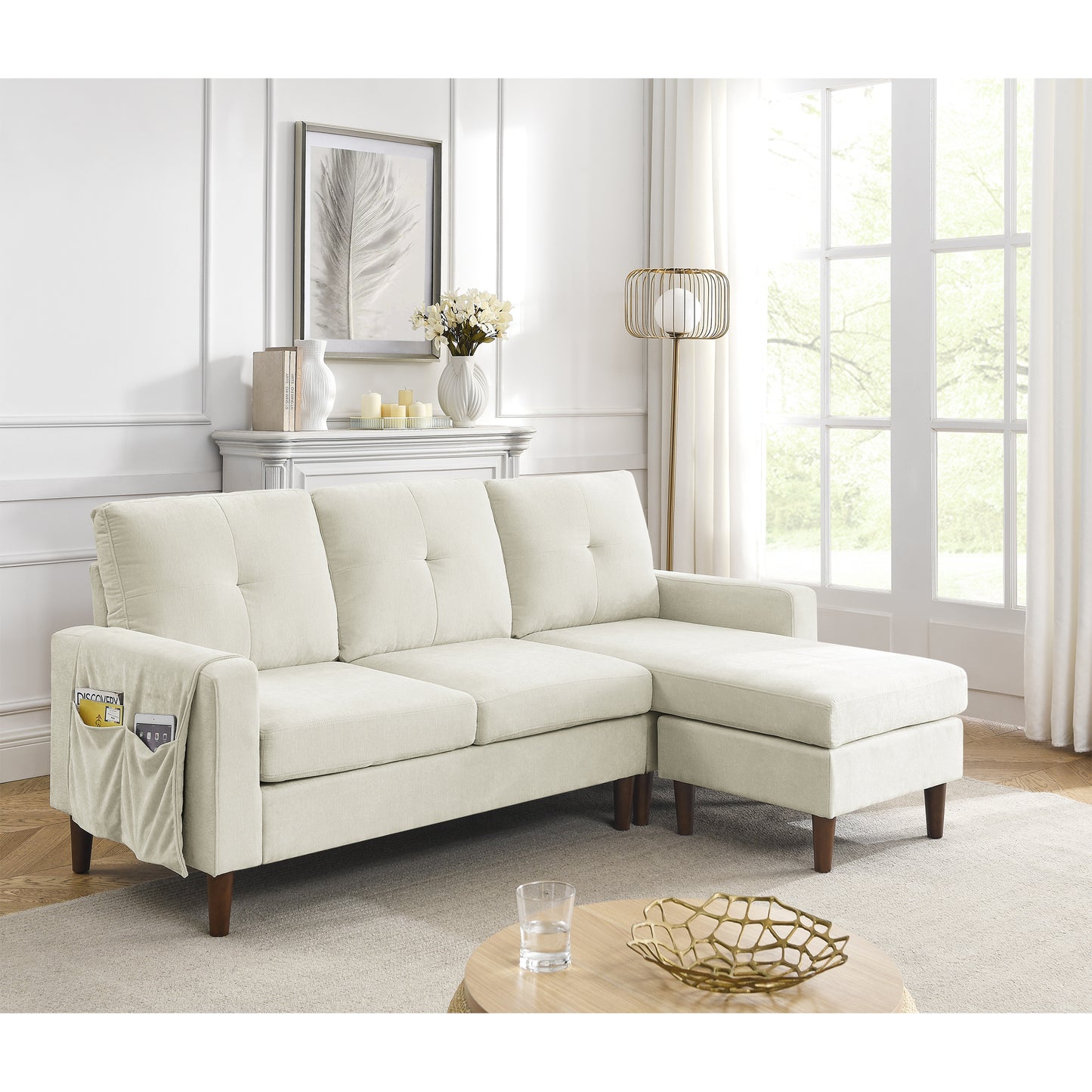 Sectional Sofa Couch; 3 Seats L-shape Sofa with Removable Cushions