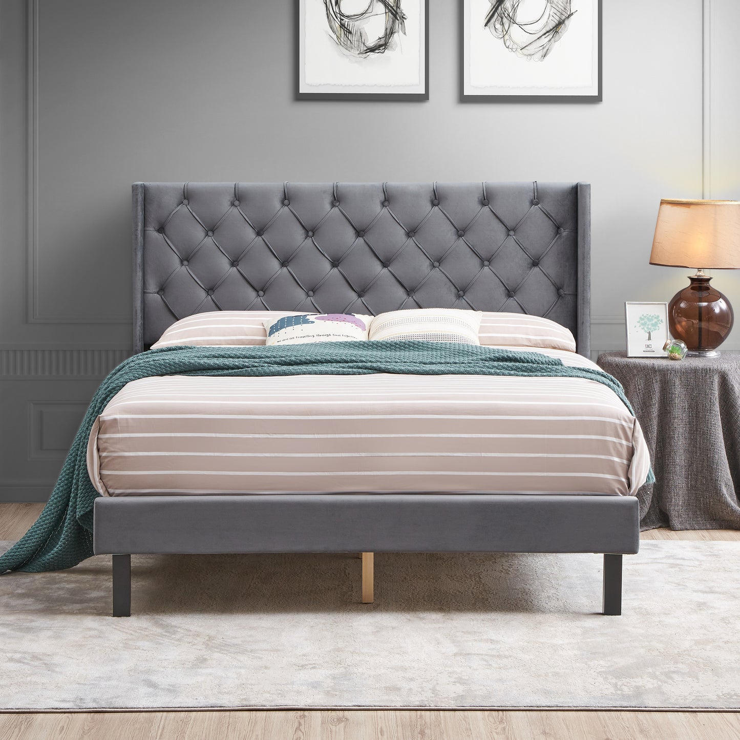 Velvet Button Tufted-Upholstered Queen Bed