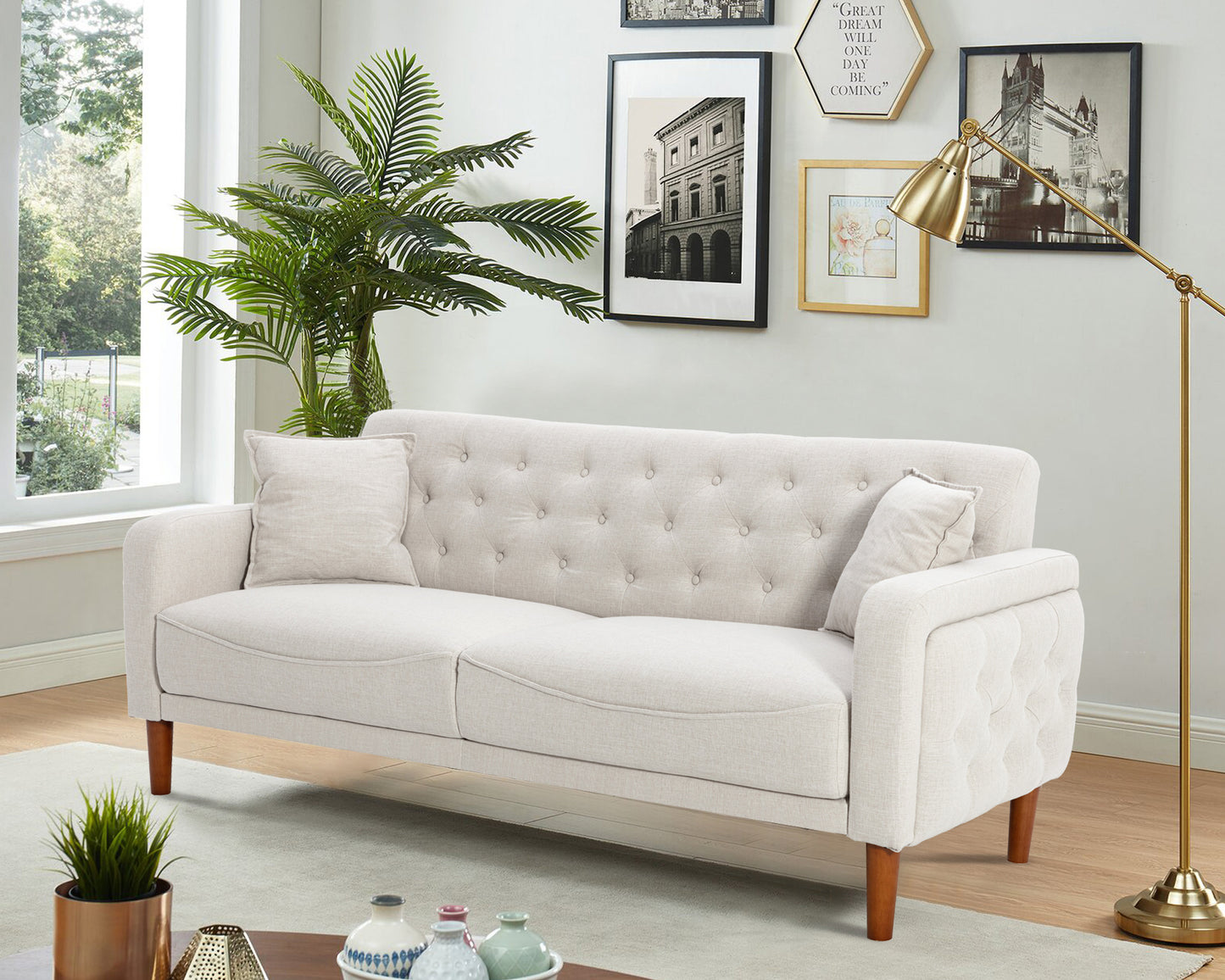 Gray Linen Loveseat with Button Tufting with 2 pillows