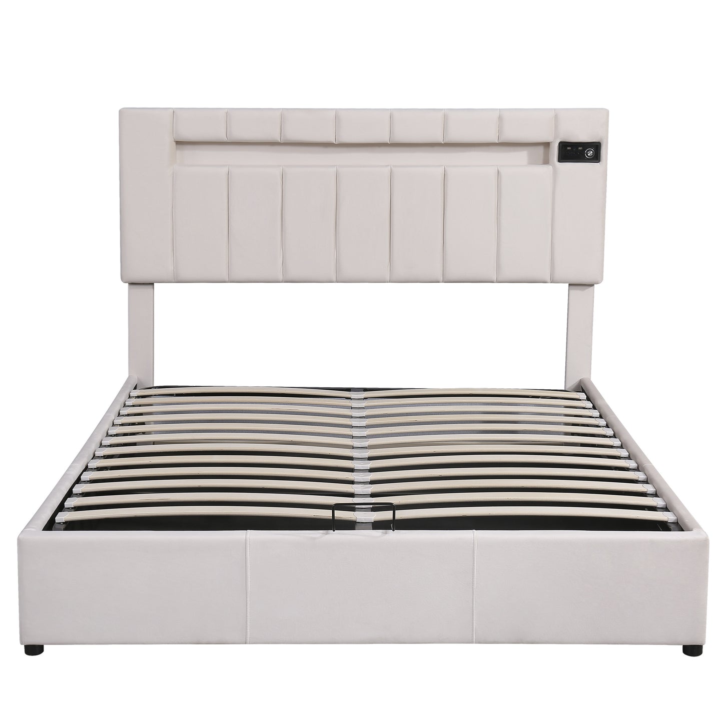 Upholstered Bed Queen Size with LED light;  Bluetooth Player and USB Charging;  Hydraulic Storage Bed in  Velvet Fabric